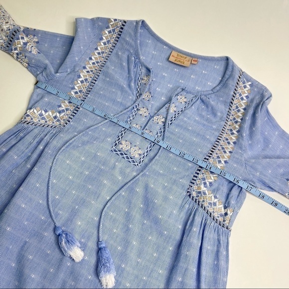 Rungolee Boho Blue Chambray Cottagecore Embroidered Bell Sleeve Tassel Dress - Picture 15 of 17